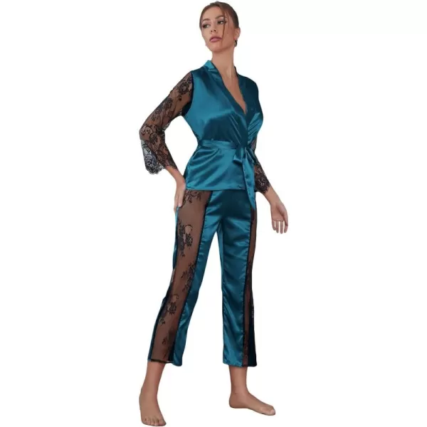 WDIRARA Women's Sleepwear Satin Lace Trim Belted Kimono Robe and Pants Pajama Set