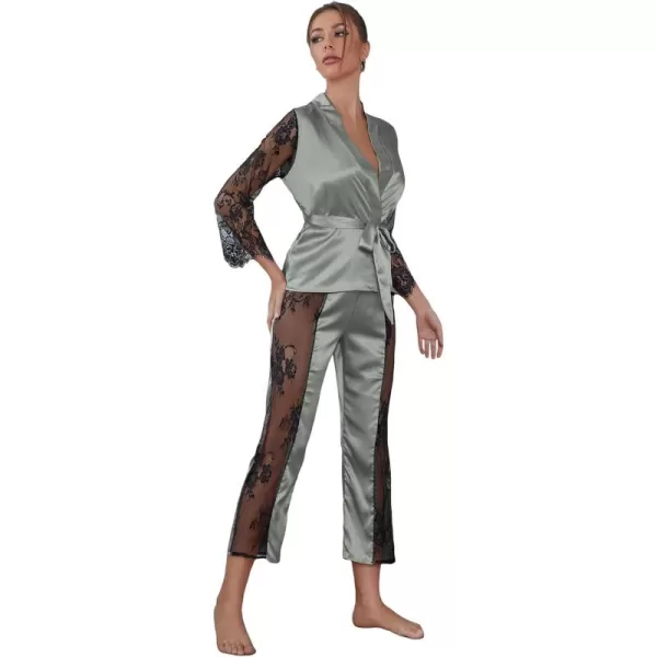 WDIRARA Women's Sleepwear Satin Lace Trim Belted Kimono Robe and Pants Pajama Set