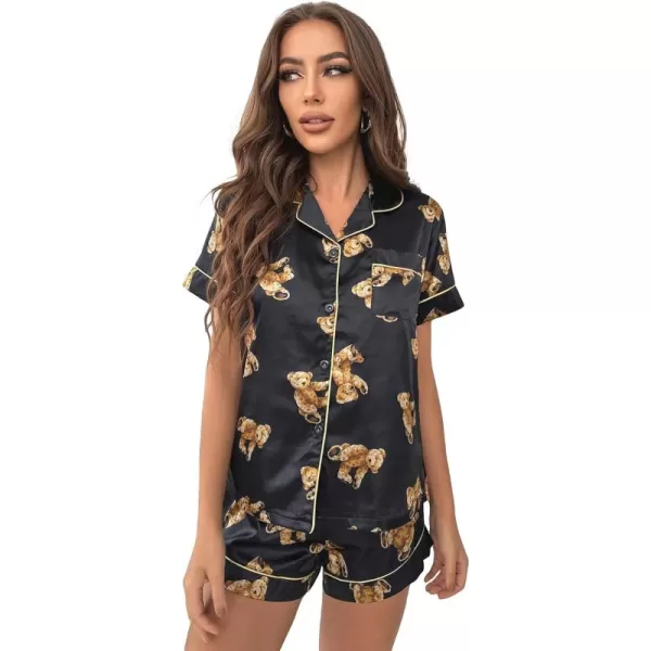 WDIRARA Women's Sleepwear Satin Short Sleeve Button Shirt and Shorts Pajama Set