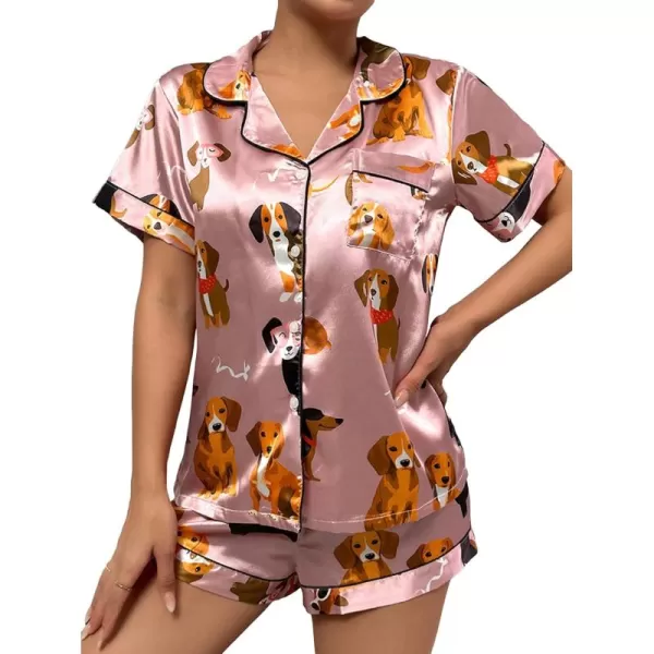 WDIRARA Women's Sleepwear Satin Short Sleeve Button Shirt and Shorts Pajama Set