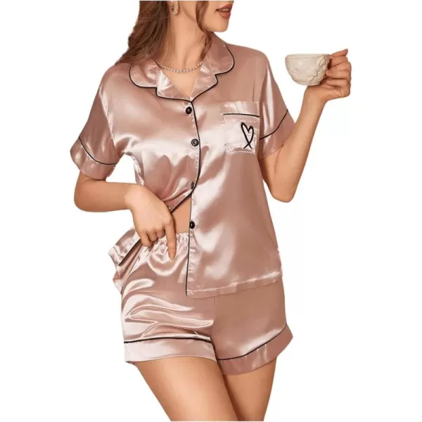 WDIRARA Women's Sleepwear Satin Short Sleeve Button Shirt and Shorts Pajama Set