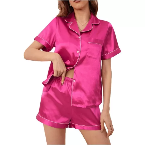 WDIRARA Women's Sleepwear Satin Short Sleeve Button Shirt and Shorts Pajama Set