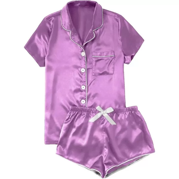 WDIRARA Women's Sleepwear Satin Short Sleeve Button Shirt and Shorts Pajama Set