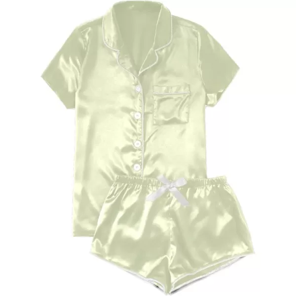 WDIRARA Women's Sleepwear Satin Short Sleeve Button Shirt and Shorts Pajama Set