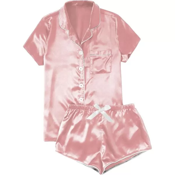 WDIRARA Women's Sleepwear Satin Short Sleeve Button Shirt and Shorts Pajama Set