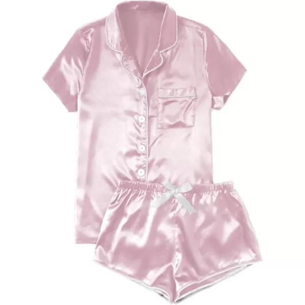 WDIRARA Women's Sleepwear Satin Short Sleeve Button Shirt and Shorts Pajama Set