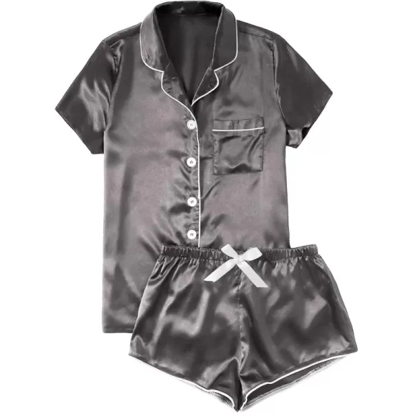 WDIRARA Women's Sleepwear Satin Short Sleeve Button Shirt and Shorts Pajama Set