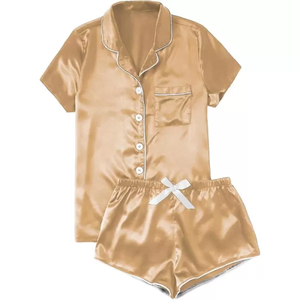 WDIRARA Women's Sleepwear Satin Short Sleeve Button Shirt and Shorts Pajama Set