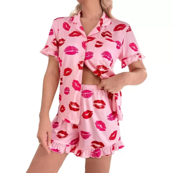 WDIRARA Women's Sleepwear Satin Short Sleeve Shirt and Shorts Cartoon Print Pajama Set