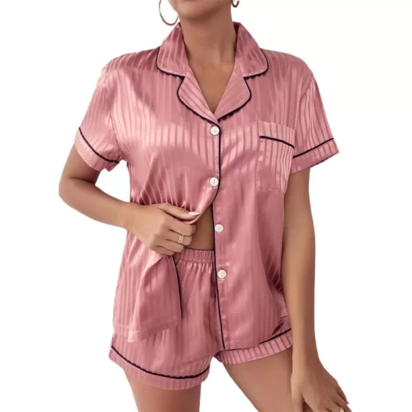 WDIRARA Women's Sleepwear Satin Short Sleeve Shirt and Shorts Cartoon Print Pajama Set