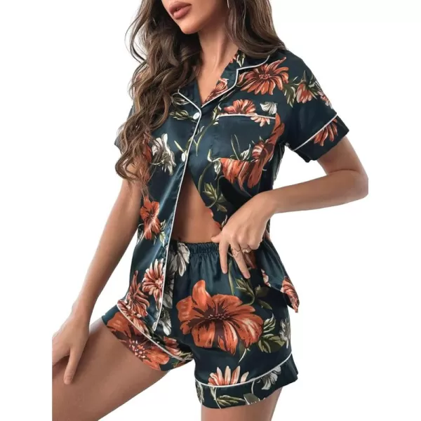 WDIRARA Women's Sleepwear Satin Short Sleeve Shirt and Shorts Cartoon Print Pajama Set