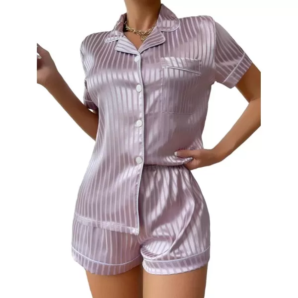 WDIRARA Women's Sleepwear Satin Short Sleeve Shirt and Shorts Cartoon Print Pajama Set