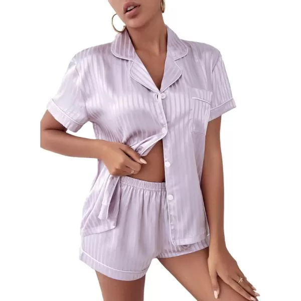 WDIRARA Women's Sleepwear Satin Short Sleeve Shirt and Shorts Cartoon Print Pajama Set