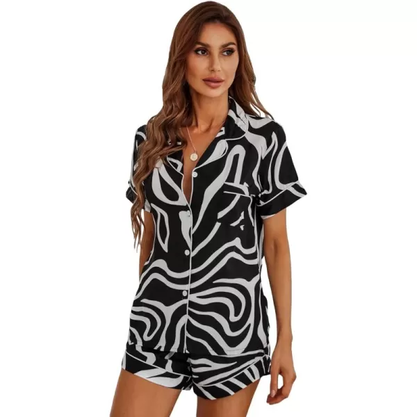 WDIRARA Women's Sleepwear Satin Short Sleeve Shirt and Shorts Cartoon Print Pajama Set