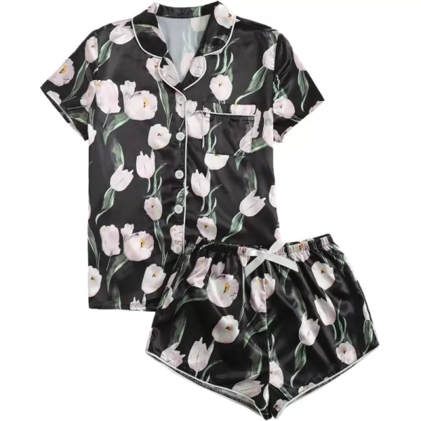WDIRARA Women's Sleepwear Satin Short Sleeve Shirt and Shorts Pajama Set