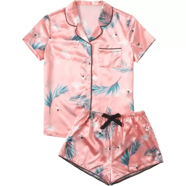 WDIRARA Women's Sleepwear Satin Short Sleeve Shirt and Shorts Pajama Set