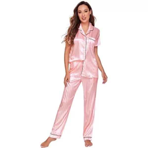 WDIRARA Women's Sleepwear Striped Satin Short Sleeve Shirt and Pants Pajama Set