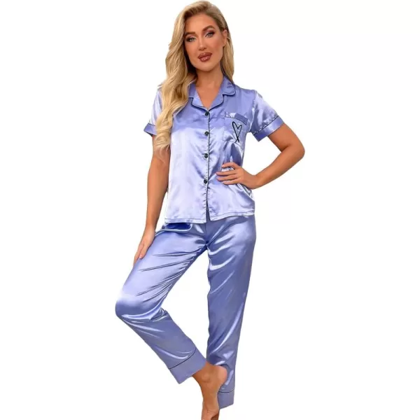 WDIRARA Women's Sleepwear Striped Satin Short Sleeve Shirt and Pants Pajama Set