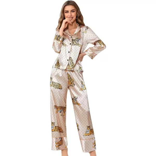 WDIRARA Women's Sleepwear Striped Satin Short Sleeve Shirt and Pants Pajama Set