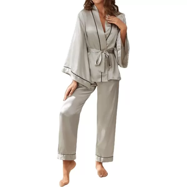 WDIRARA Women's Sleepwear Striped Satin Short Sleeve Shirt and Pants Pajama Set