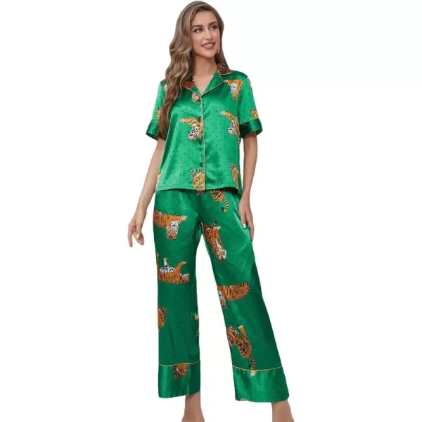 WDIRARA Women's Sleepwear Striped Satin Short Sleeve Shirt and Pants Pajama Set