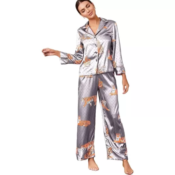 WDIRARA Women's Sleepwear Striped Satin Short Sleeve Shirt and Pants Pajama Set