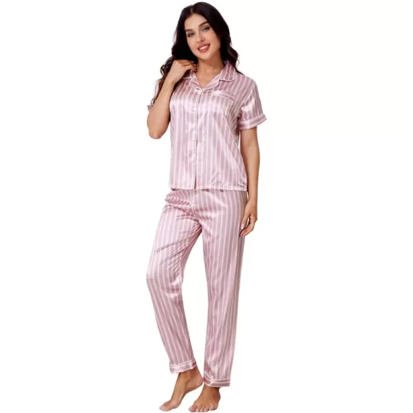 WDIRARA Women's Sleepwear Striped Satin Short Sleeve Shirt and Pants Pajama Set