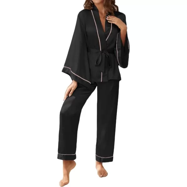 WDIRARA Women's Sleepwear Striped Satin Short Sleeve Shirt and Pants Pajama Set