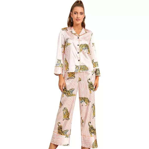 WDIRARA Women's Sleepwear Striped Satin Short Sleeve Shirt and Pants Pajama Set