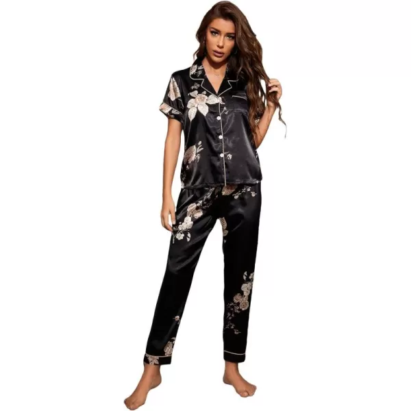 WDIRARA Women's Sleepwear Striped Satin Short Sleeve Shirt and Pants Pajama Set
