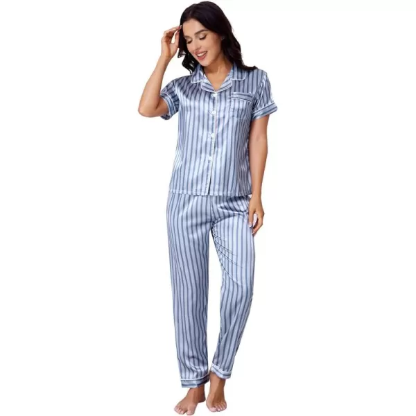WDIRARA Women's Sleepwear Striped Satin Short Sleeve Shirt and Pants Pajama Set