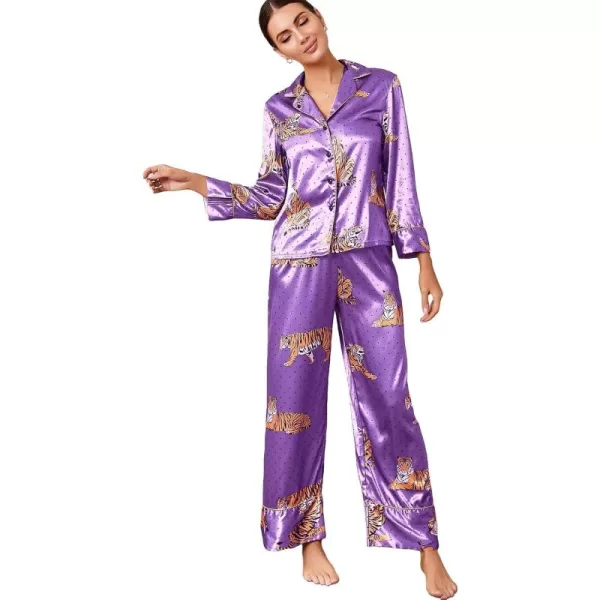 WDIRARA Women's Sleepwear Striped Satin Short Sleeve Shirt and Pants Pajama Set