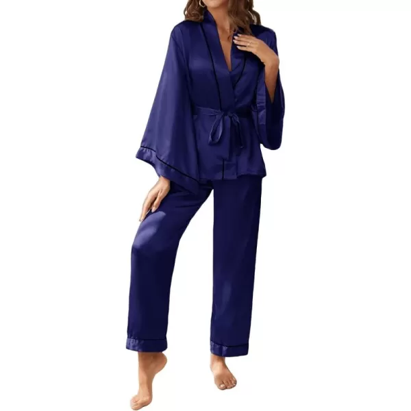 WDIRARA Women's Sleepwear Striped Satin Short Sleeve Shirt and Pants Pajama Set