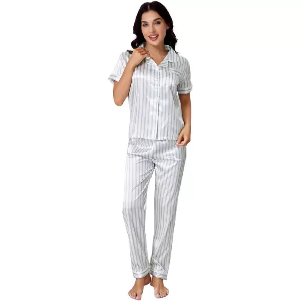 WDIRARA Women's Sleepwear Striped Satin Short Sleeve Shirt and Pants Pajama Set