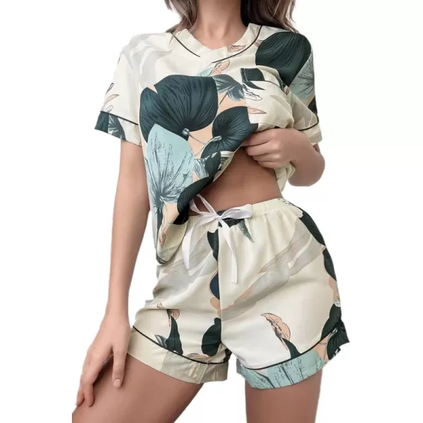 WDIRARA Women's Sleepwear Tropical Print V Neck Short Sleeve Top and Shorts Pj Set