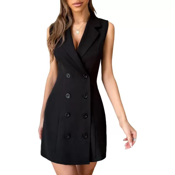 WDIRARA Women's Sleeveless Collared Double Breasted Blazer Dress Work Office Dresses