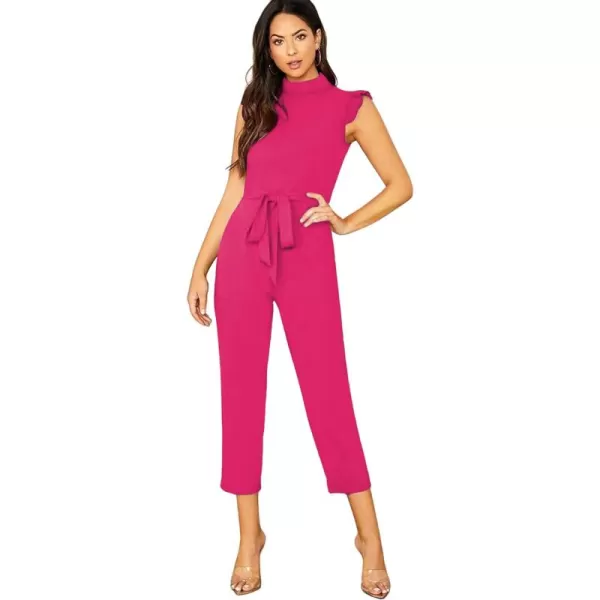 WDIRARA Women's Sleeveless Mock Neck Ruffle Trim Belted Cropped Jumpsuit Romper