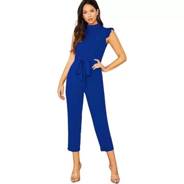 WDIRARA Women's Sleeveless Mock Neck Ruffle Trim Belted Cropped Jumpsuit Romper