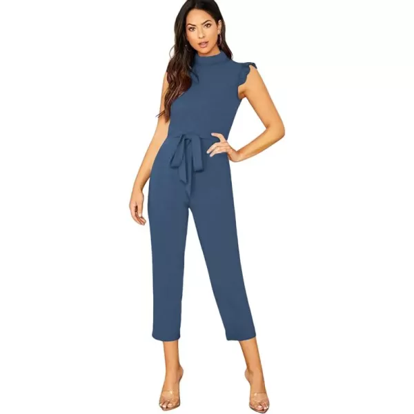 WDIRARA Women's Sleeveless Mock Neck Ruffle Trim Belted Cropped Jumpsuit Romper
