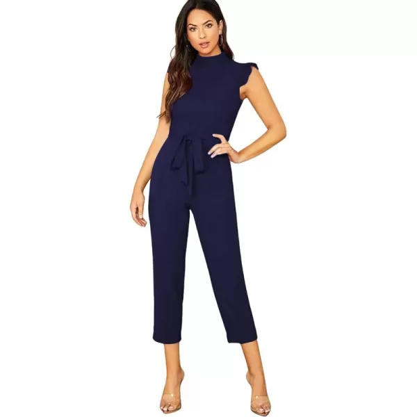 WDIRARA Women's Sleeveless Mock Neck Ruffle Trim Belted Cropped Jumpsuit Romper
