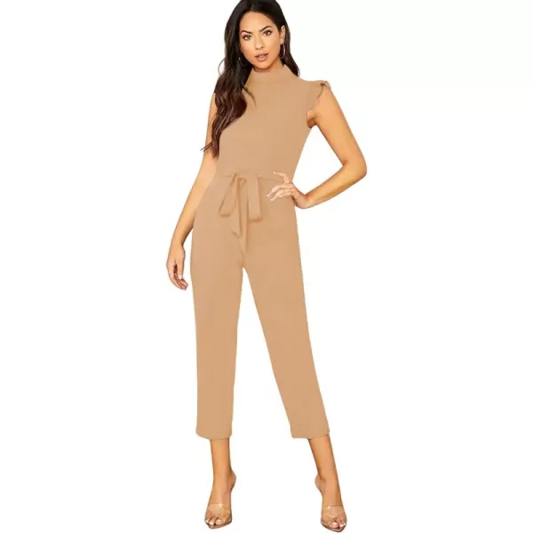 WDIRARA Women's Sleeveless Mock Neck Ruffle Trim Belted Cropped Jumpsuit Romper