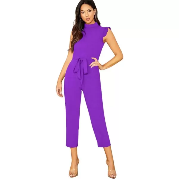 WDIRARA Women's Sleeveless Mock Neck Ruffle Trim Belted Cropped Jumpsuit Romper