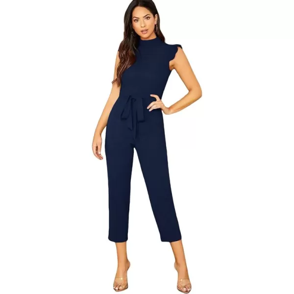 WDIRARA Women's Sleeveless Mock Neck Ruffle Trim Belted Cropped Jumpsuit Romper