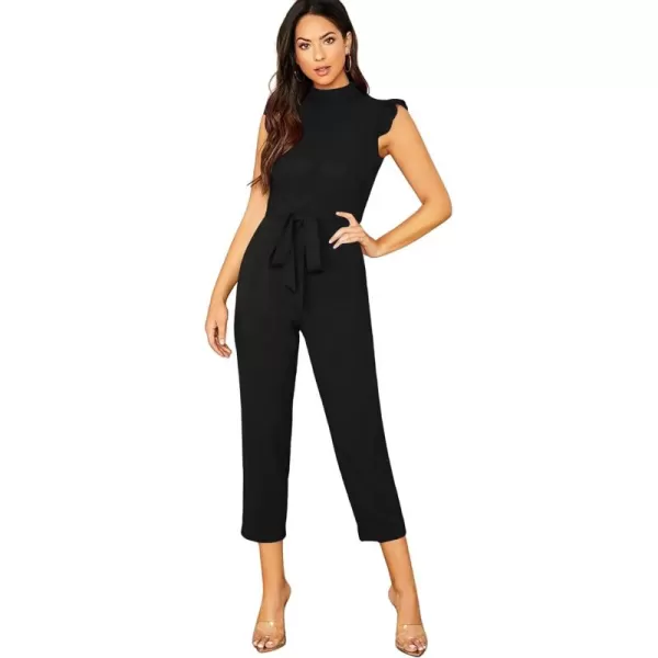 WDIRARA Women's Sleeveless Mock Neck Ruffle Trim Belted Cropped Jumpsuit Romper