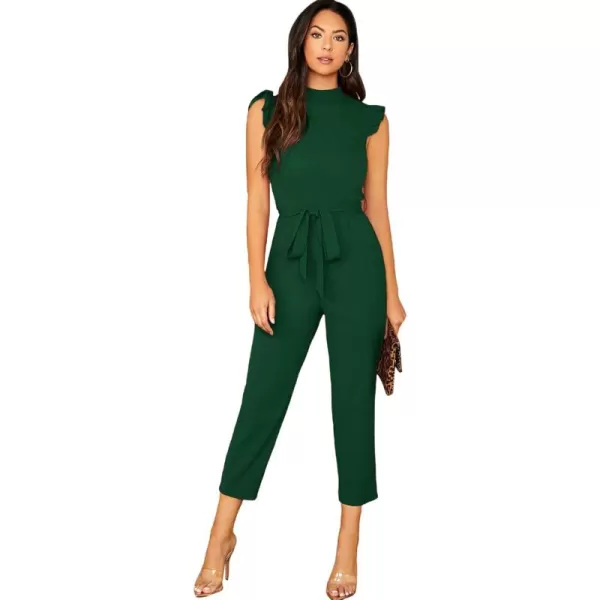 WDIRARA Women's Sleeveless Mock Neck Ruffle Trim Belted Cropped Jumpsuit Romper