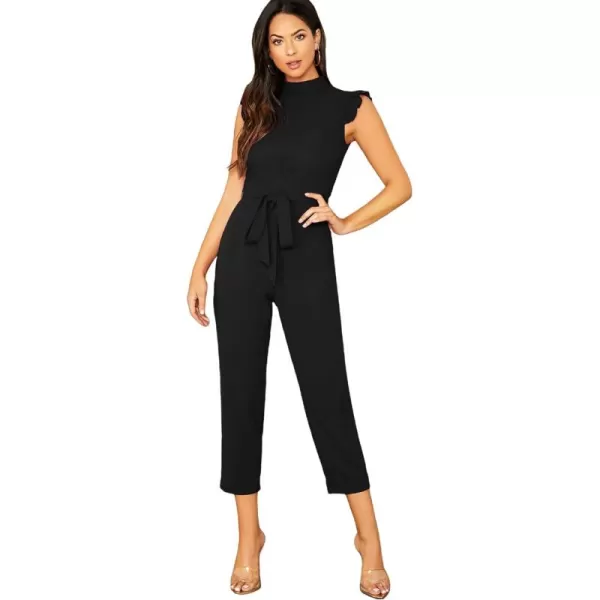WDIRARA Women's Sleeveless Mock Neck Ruffle Trim Belted Cropped Jumpsuit Romper