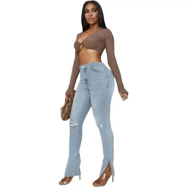 WDIRARA Women's Slit Hem High Waist Button Denim Zipper Fly Ripped Skinny Jeans