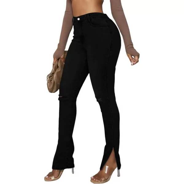 WDIRARA Women's Slit Hem High Waist Button Denim Zipper Fly Ripped Skinny Jeans