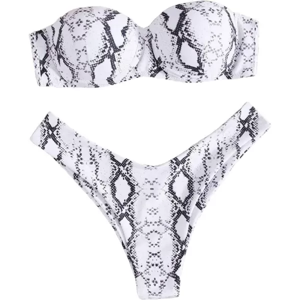 WDIRARA Women's Snakeskin Print Push Up Strapless Bandeau Bikini High Cut 2 Piece Swimsuit
