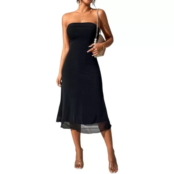 WDIRARA Women's Solid Mesh Strapless Backless Tube Bodycon Party Midi Club Dress